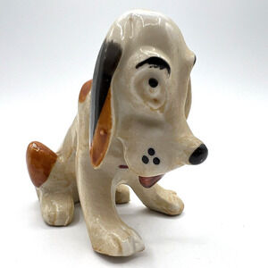 Vintage Hound Dog Ceramic Statue Figurine Brown and Black Spots Long Ears Japan